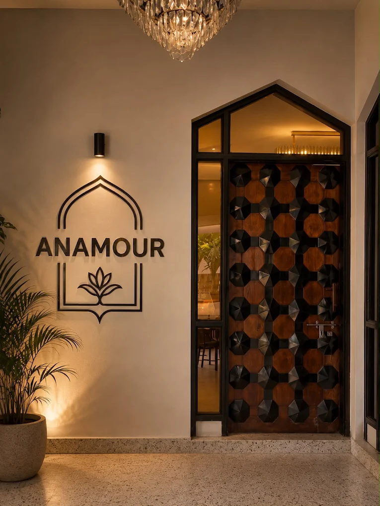The Anamour entrance at night: the arch logo lit on a cream wall beside a carved wooden door